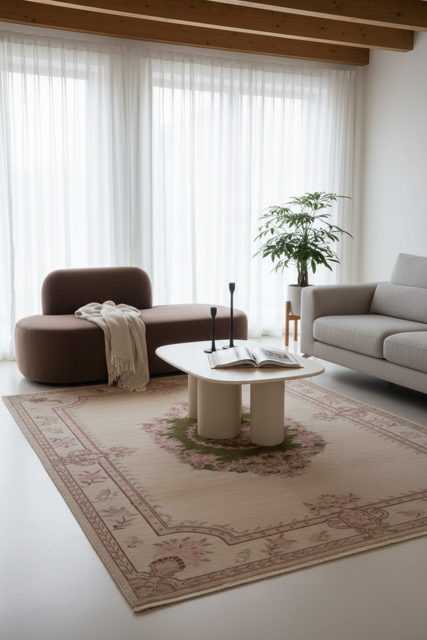 Blush pink hand-knotted rug with olive green Persian medallion styled in a room