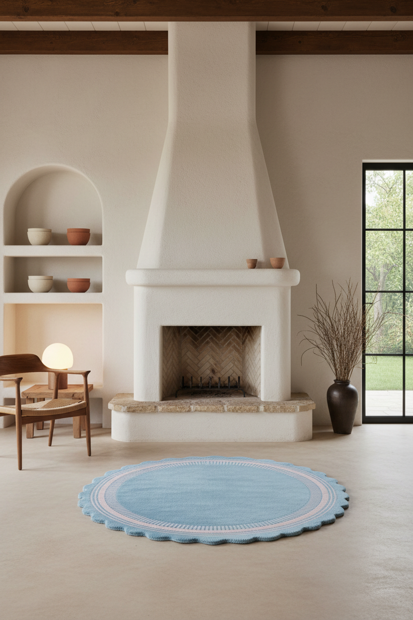 Powder blue round hand-tufted rug with pink scalloped border styled in a room