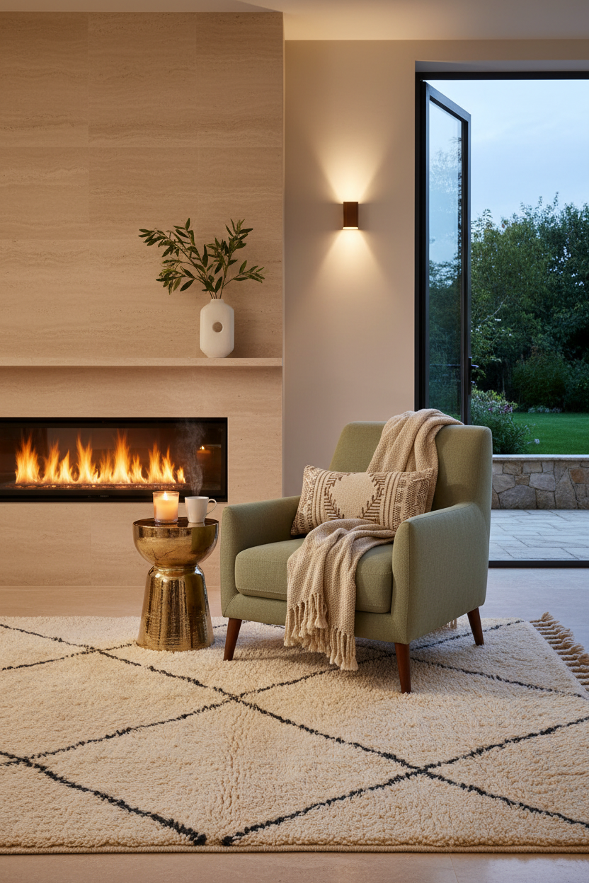 Ivory Beni Ourain style Moroccan shag rug styled in a warm modern room