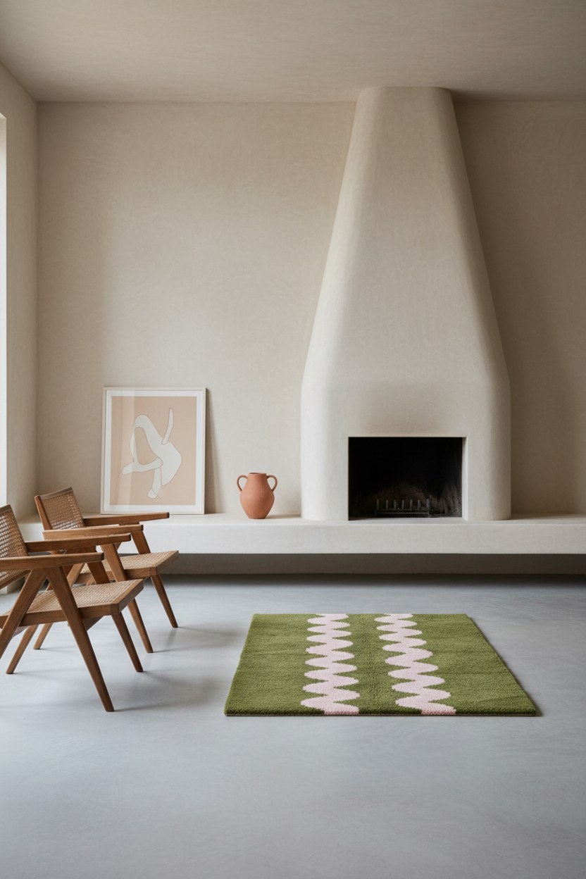 Olive green Moroccan shag rug with pink wavy stripes styled in a room