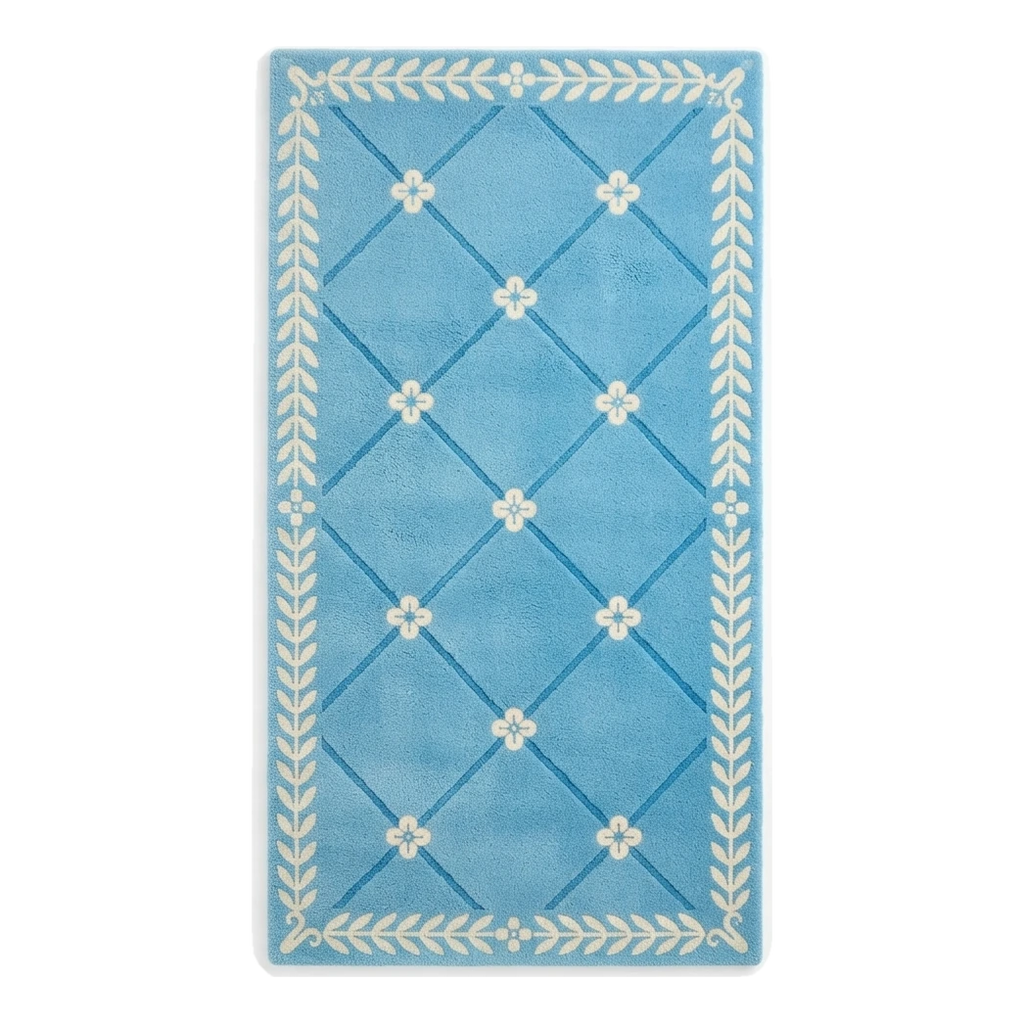 Azure Blue Trellis Hand-Tufted Runner with Ivory Laurel Border