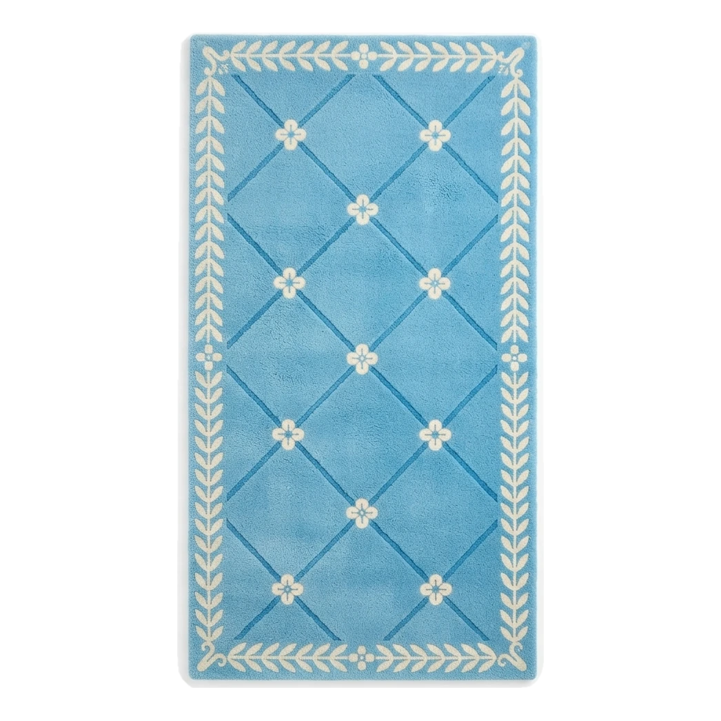 Azure Blue Trellis Hand-Tufted Runner with Ivory Laurel Border