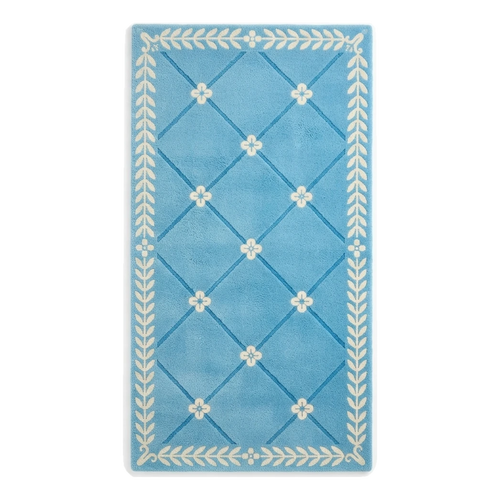 Azure Blue Trellis Hand-Tufted Runner with Ivory Laurel Border