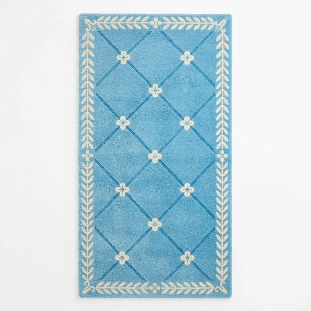 Azure Blue Trellis Hand-Tufted Runner with Ivory Laurel Border - studio photo