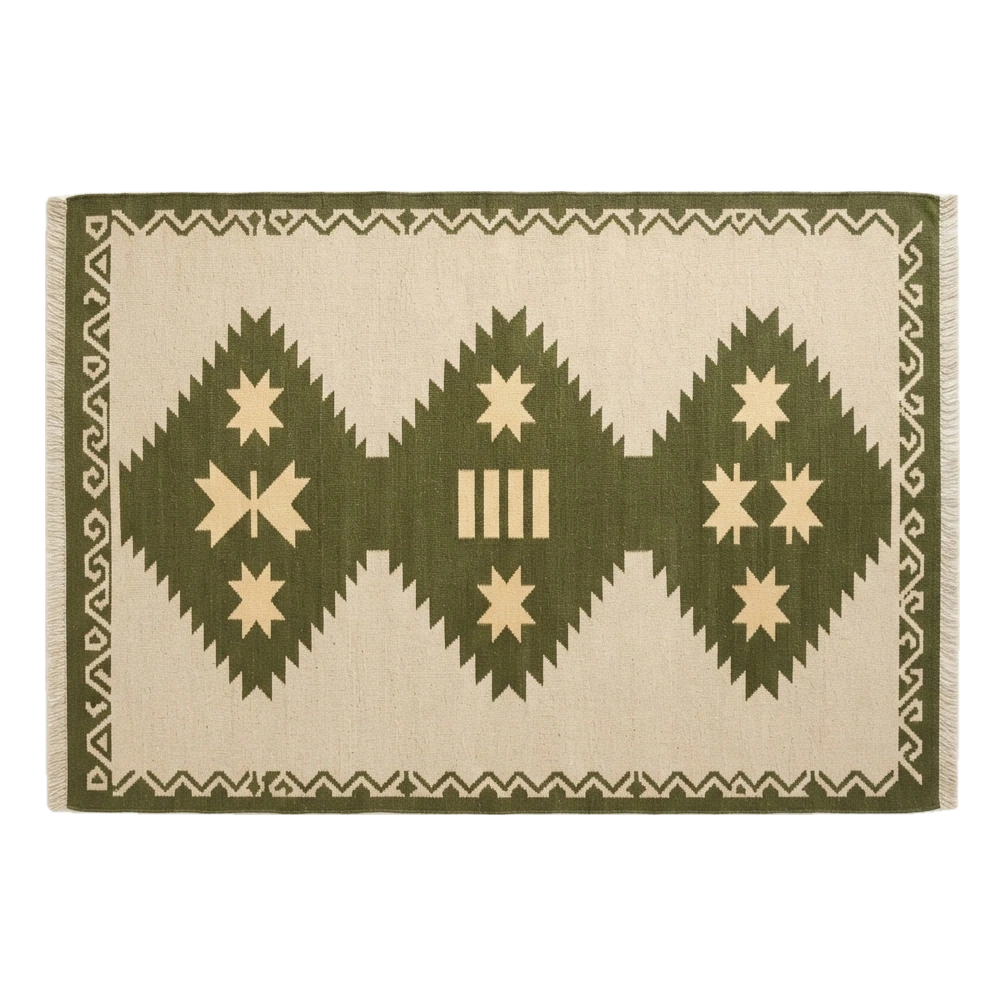 Beige Cotton Flat Weave Rug with Olive Green Tribal Diamond Medallion - alternate view