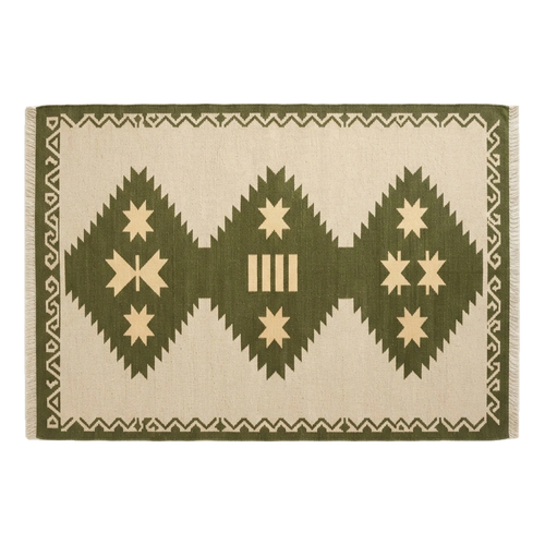 Beige Cotton Flat Weave Rug with Olive Green Tribal Diamond Medallion - alternate view