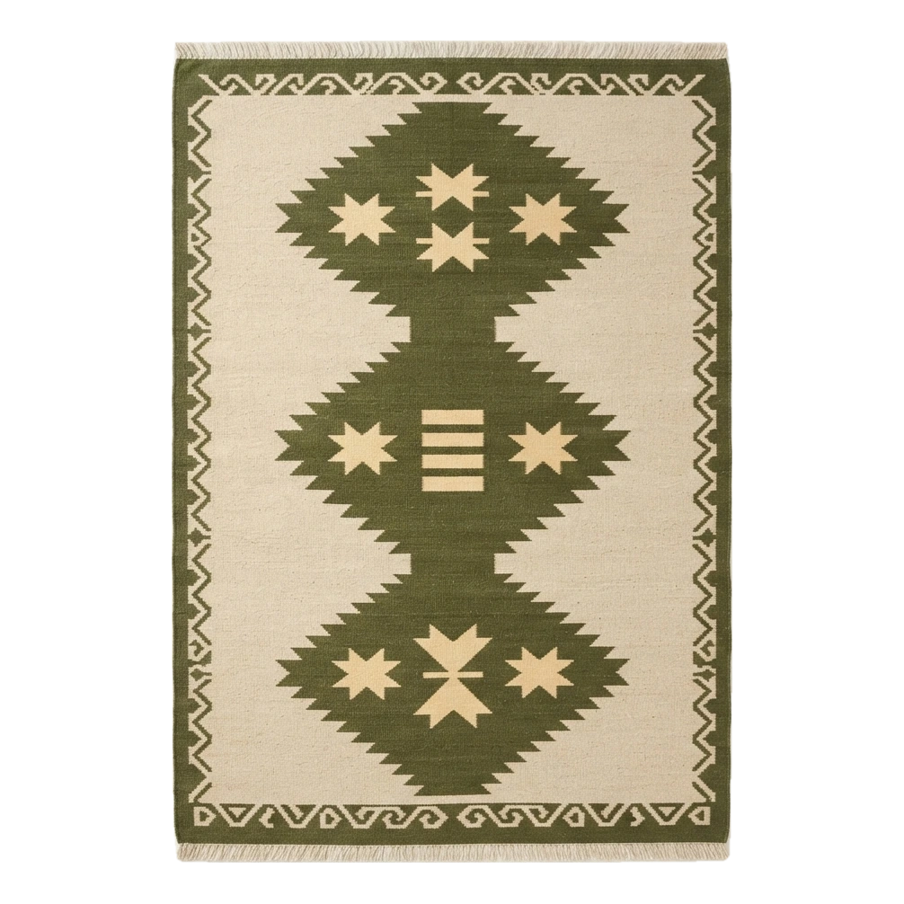 Beige Cotton Flat Weave Rug with Olive Green Tribal Diamond Medallion