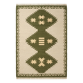 Beige Cotton Flat Weave Rug with Olive Green Tribal Diamond Medallion