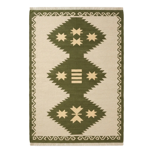 Beige Cotton Flat Weave Rug with Olive Green Tribal Diamond Medallion