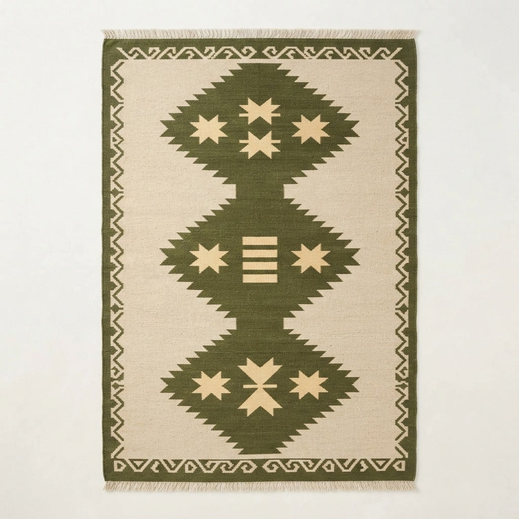 Beige Cotton Flat Weave Rug with Olive Green Tribal Diamond Medallion - studio photo