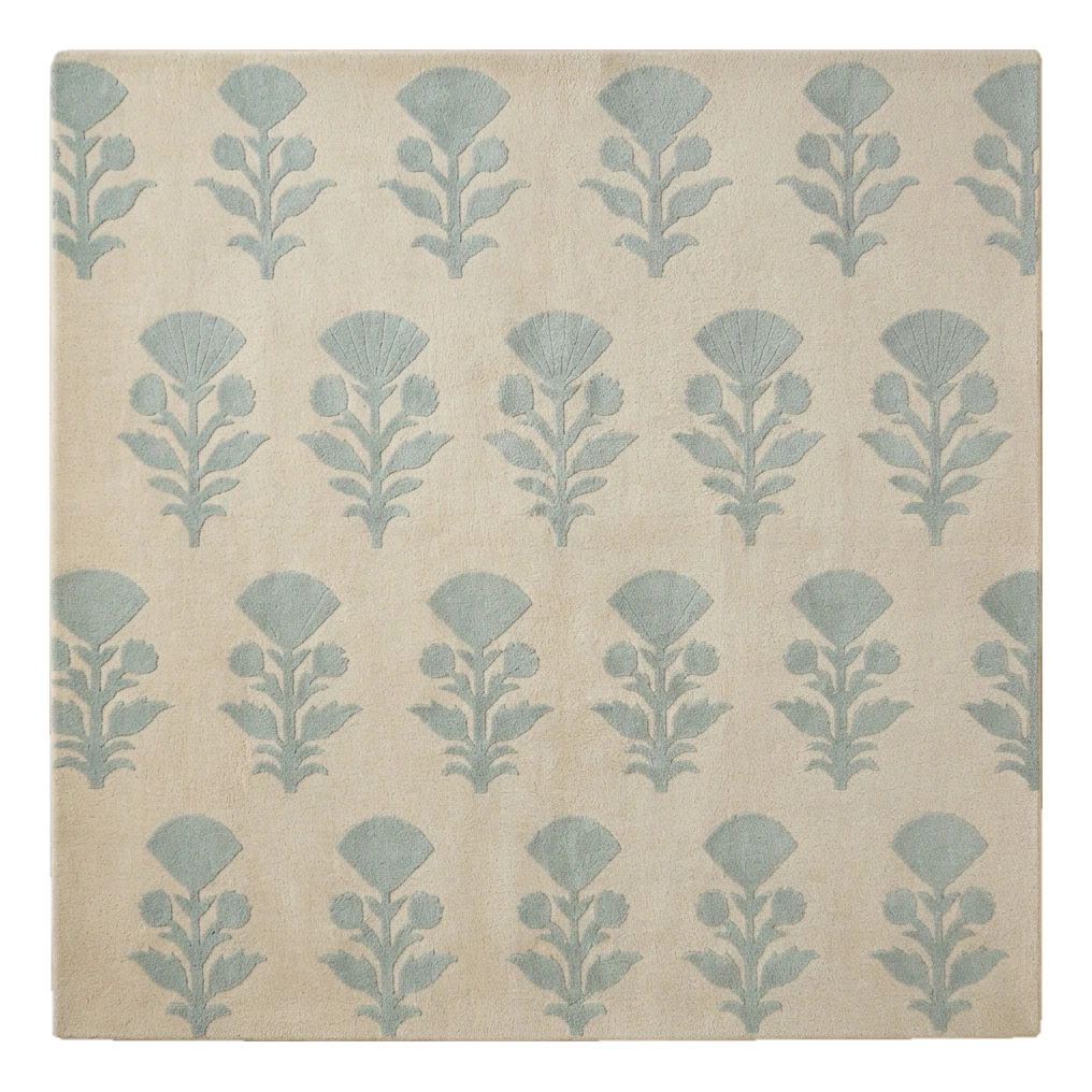 Beige Hand-Tufted Rug with Seafoam Floral Sprigs