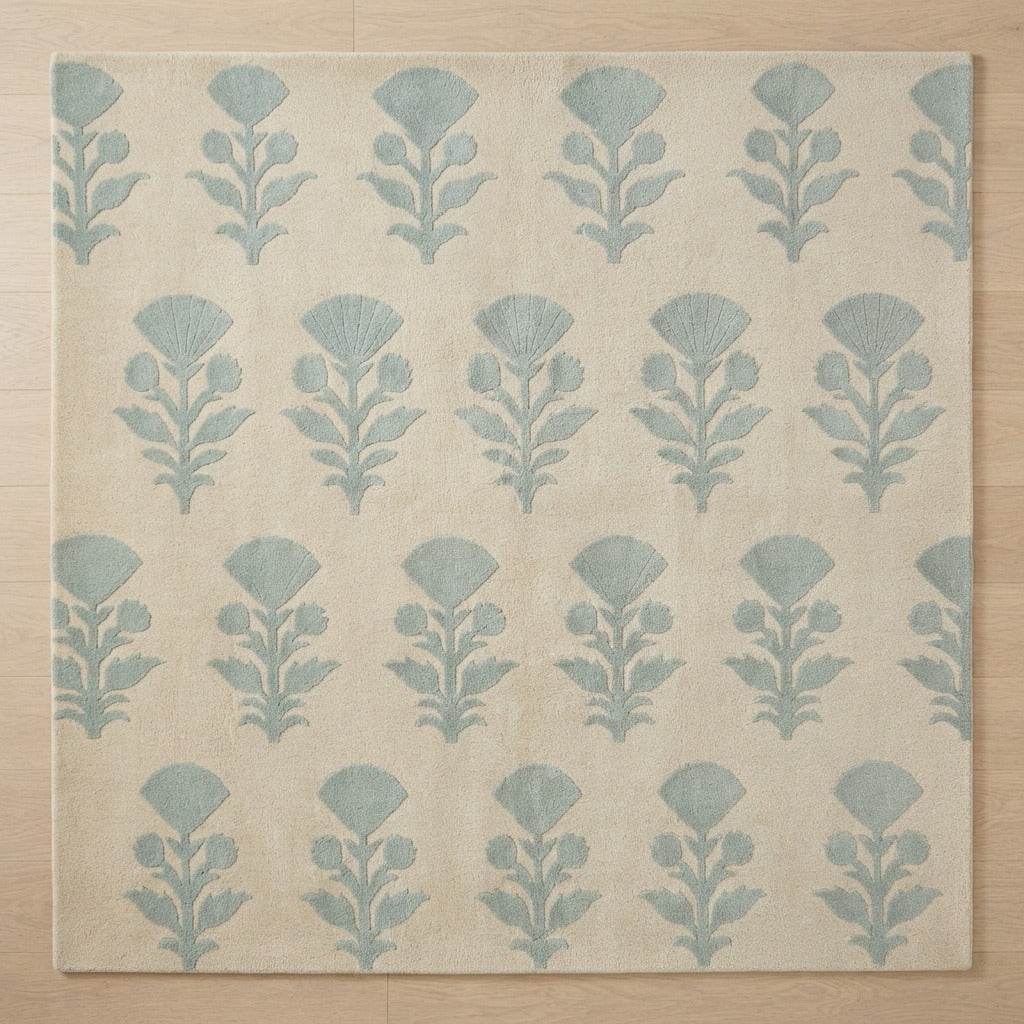 Beige Hand-Tufted Rug with Seafoam Floral Sprigs - studio photo