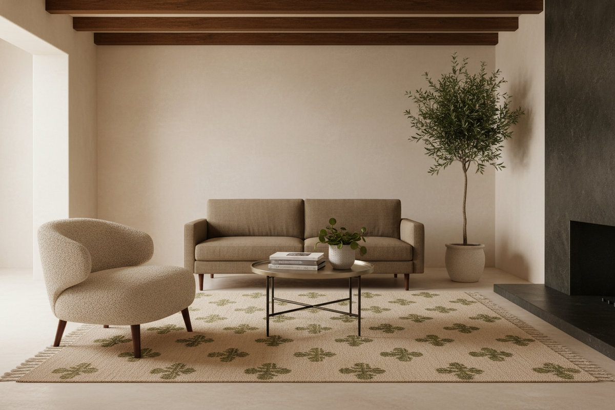 A styled living room scene featuring a beige textured armchair, a matching beige two-seater sofa, a round black metal coffee table with books and a small potted plant, a patterned beige rug with green motifs, and a tall potted tree against a warm beige wall with dark wood ceiling beams.