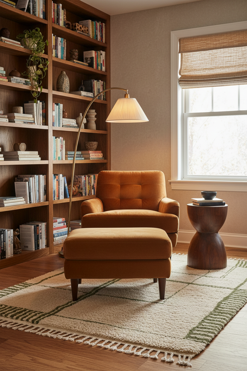 A warm, cozy reading nook featuring a mustard yellow tufted armchair and matching ottoman on a patterned rug, set against a large wooden bookshelf and next to a window with a woven blind.