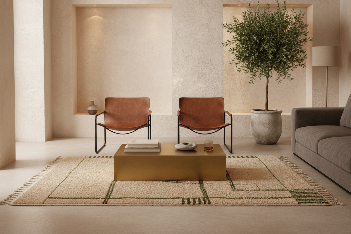 A modern living room scene featuring two brown leather armchairs with black metal frames, a rectangular gold coffee table, a large beige patterned area rug, and a tall potted olive tree in a textured interior.