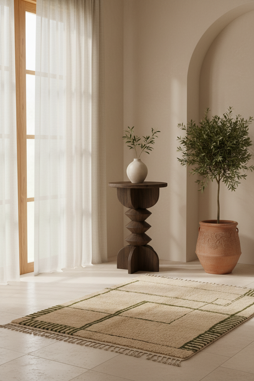 A styled interior scene showing a beige area rug with dark green geometric lines and fringe, placed on a light stone floor in a sunlit room. A dark wooden pedestal table holds a white vase with branches, and a potted olive tree stands against an arched wall.