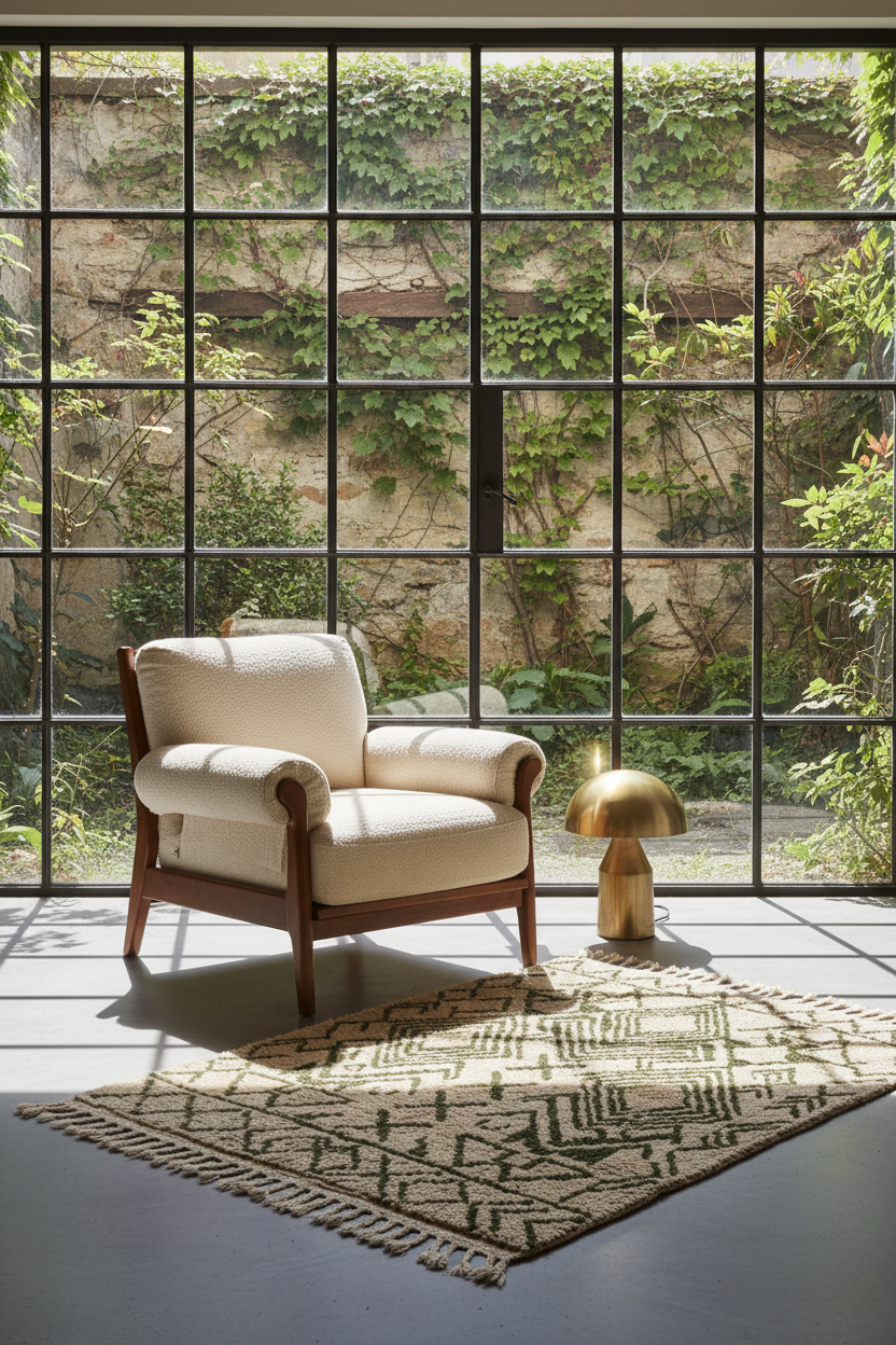 A cream upholstered armchair with dark wood legs sits on a patterned beige rug in front of a large black-framed window overlooking a green ivy-covered stone wall. A small gold table lamp stands beside the chair.