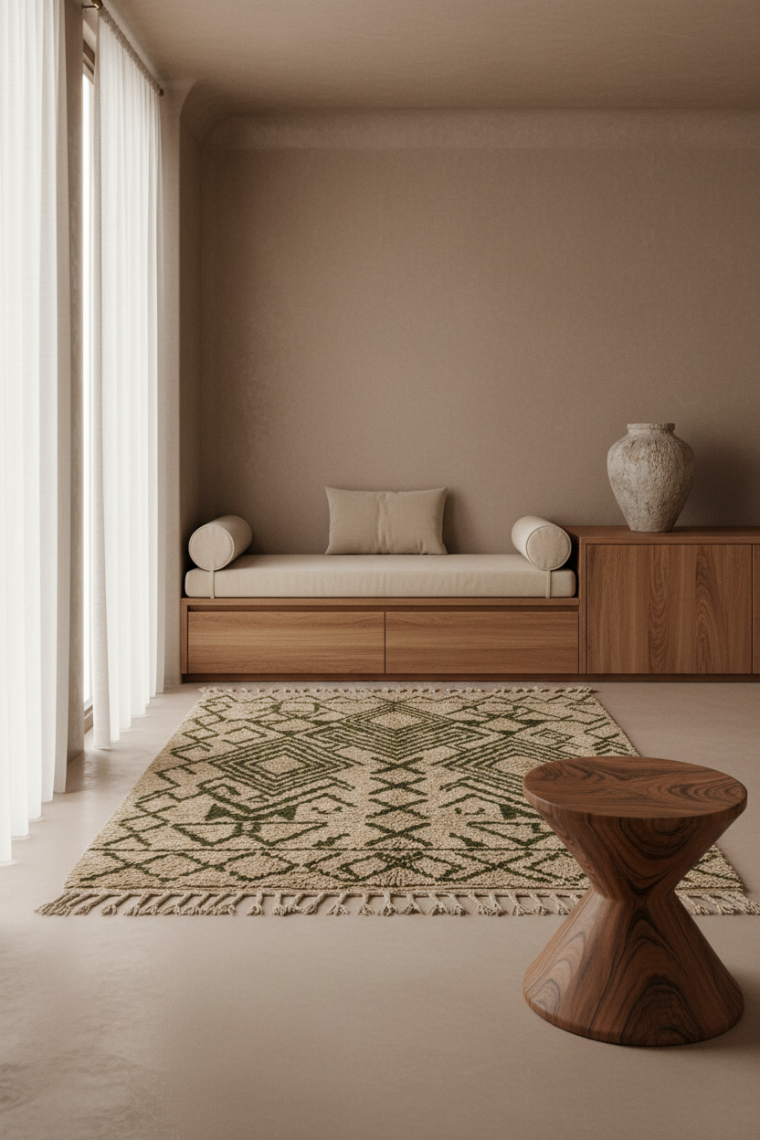 A styled interior scene with a patterned area rug on a beige floor, a built-in wooden daybed with cream cushions, a small round wooden side table in the foreground, and a ceramic vase on a cabinet against a warm beige wall.