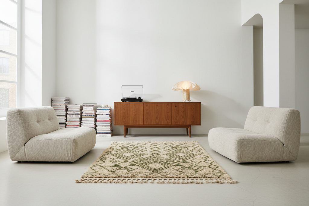 A styled interior scene with two cream upholstered lounge chairs facing a wooden sideboard, a patterned beige rug on the floor, a lamp, and stacks of books near a window in a bright minimalist room.