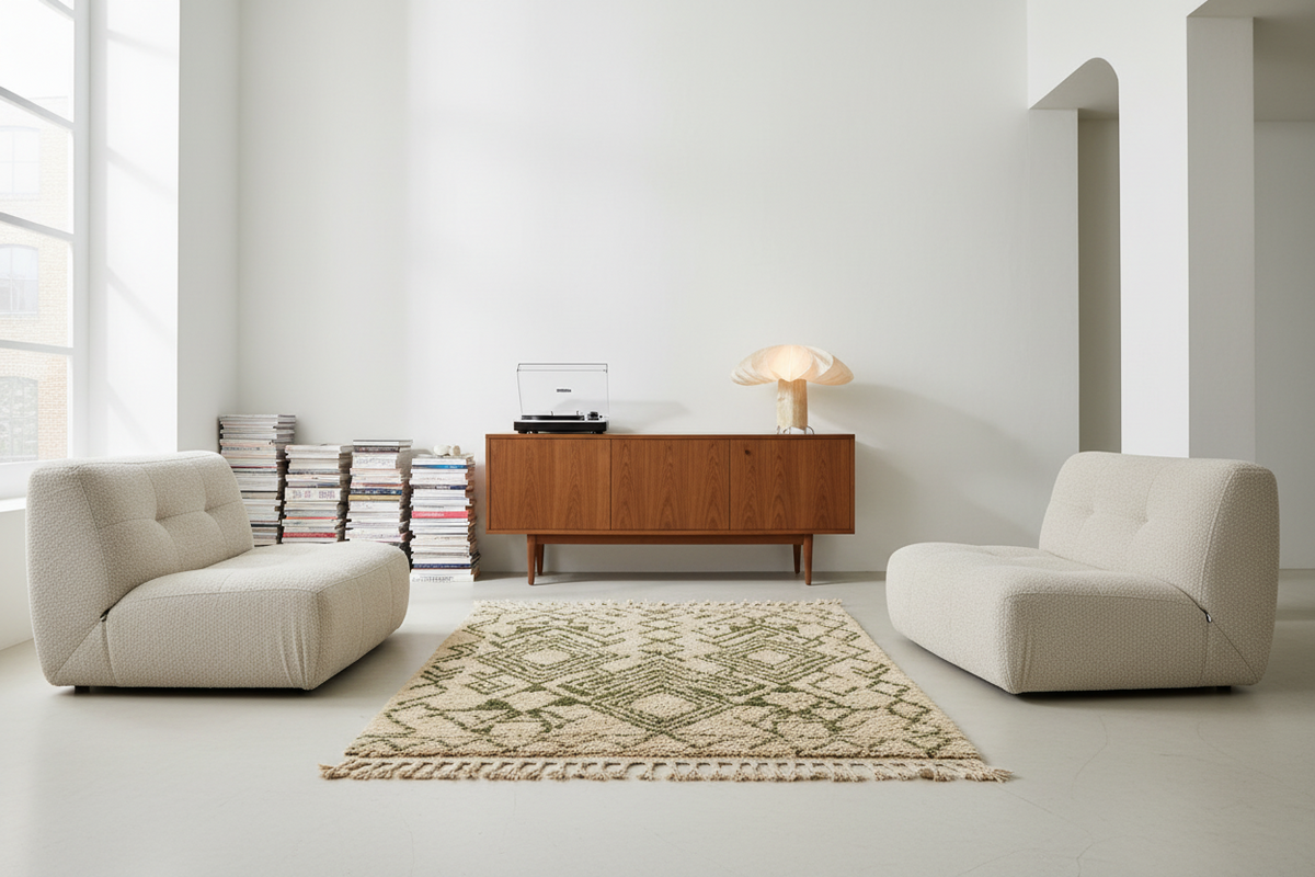 A styled interior scene with two cream upholstered lounge chairs facing a wooden sideboard, a patterned beige rug on the floor, a lamp, and stacks of books near a window in a bright minimalist room.
