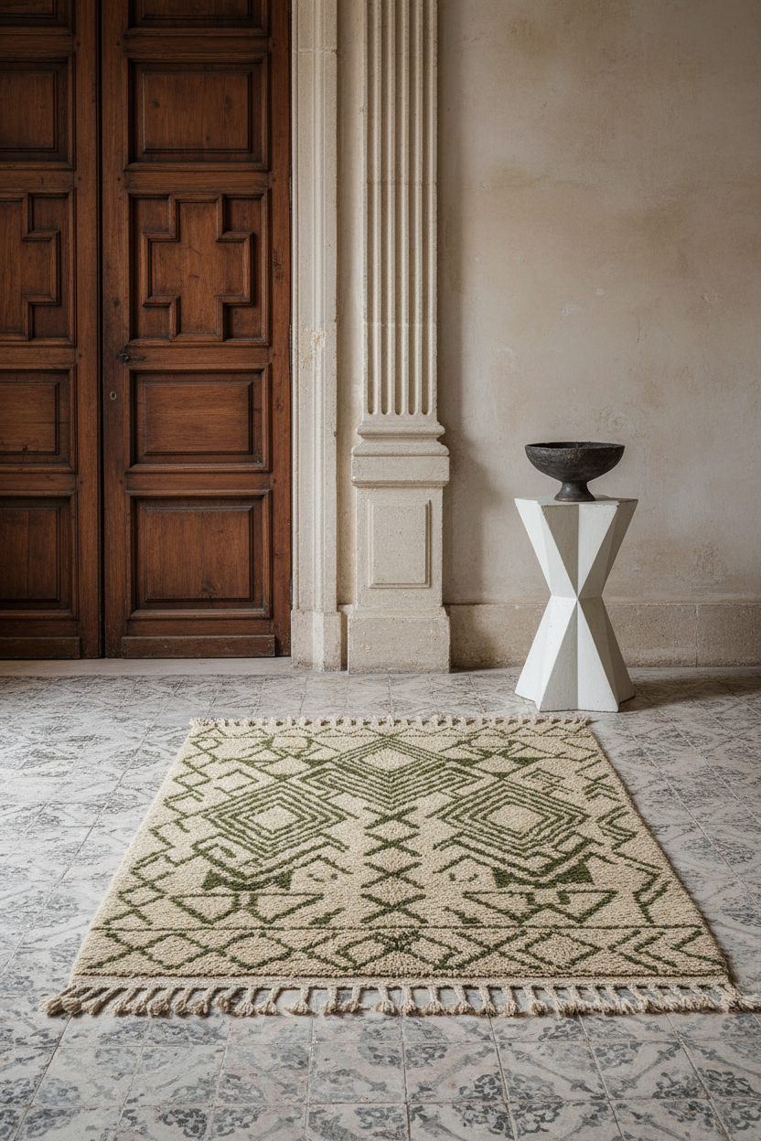 A rectangular woven rug with a geometric tribal pattern in olive green and beige, styled on a patterned stone floor in a classic interior setting with a wooden door and a white pedestal.