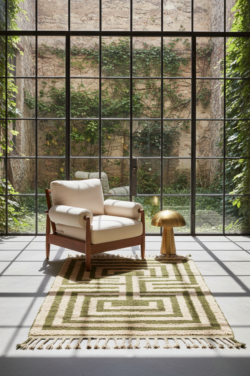 A cream and olive green geometric patterned area rug with fringe, styled in a modern room with a wooden armchair, a gold table lamp, and a large black-framed window overlooking a garden.