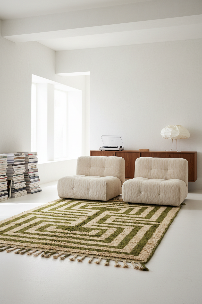 A modern living room scene featuring two cream tufted armchairs placed on a large woven area rug with a green and beige maze pattern and fringe. The room has white walls, a wooden sideboard with a lamp and records, and a stack of books near the window.