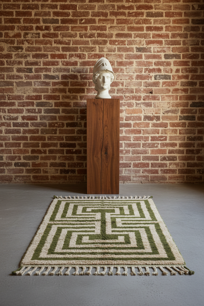 A rectangular area rug with a green and cream geometric maze pattern and fringe, displayed on a concrete floor in front of a brick wall with a wooden pedestal and a white classical bust.