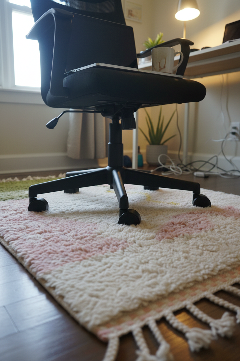 A black office chair with a five-star wheeled base sits on a cream and pink patterned rug in a home office setting with a desk, lamp, and plants in the background.