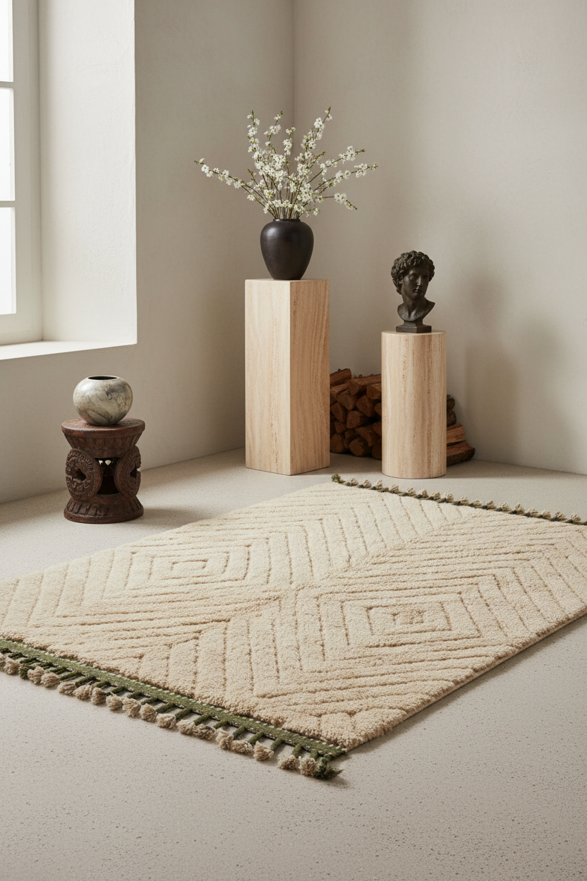 A beige textured area rug with a geometric diamond pattern and green tassels, styled on a light concrete floor in a minimalist room with decorative pedestals and vases.