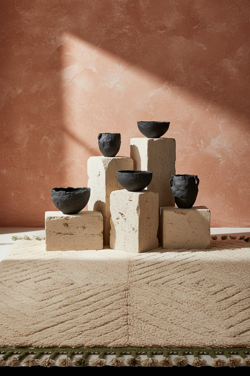 A set of seven handmade dark gray clay bowls of varying sizes, arranged in a pyramid-like stack on light beige stone blocks over a textured beige fabric runner, set against a warm terracotta plaster wall with dramatic diagonal sunlight casting shadows.
