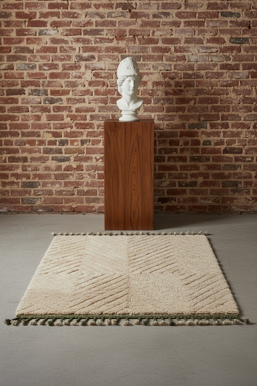 A rectangular cream-colored area rug with a textured geometric chevron pattern and fringe, styled on a concrete floor in front of a brick wall with a wooden pedestal and a white bust sculpture.
