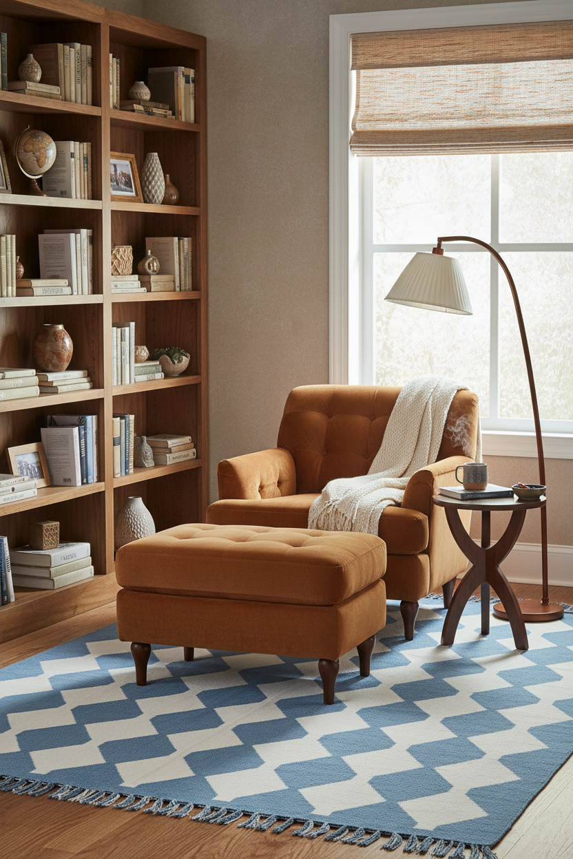 A styled living room corner featuring a tufted mustard-orange armchair with a matching ottoman, set on a blue and white geometric patterned rug. A brown leather floor lamp, a small wooden side table with a mug, and a tall wooden bookshelf filled with books and decor are visible in the background near a window with a beige roller blind.