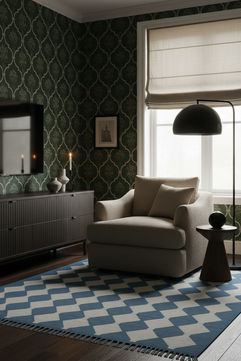 A styled living room corner featuring a beige armchair with matching cushions, a geometric blue and cream rug, dark green patterned wallpaper, a dark wood sideboard, and a black floor lamp.
