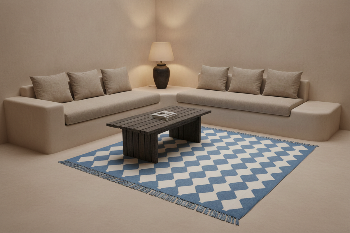 A modern U-shaped sectional sofa in beige with matching pillows, arranged around a dark wood coffee table on a blue and white checkered rug in a minimalist beige room.