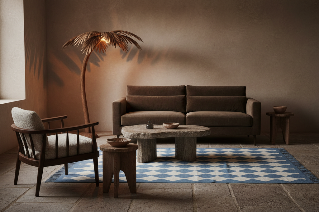 A styled living room scene featuring a brown fabric sofa, a matching armchair with a light cushion, a round stone coffee table, two small wooden stools, a palm leaf floor lamp, and a blue-and-white patterned rug on a stone floor against a textured beige wall.