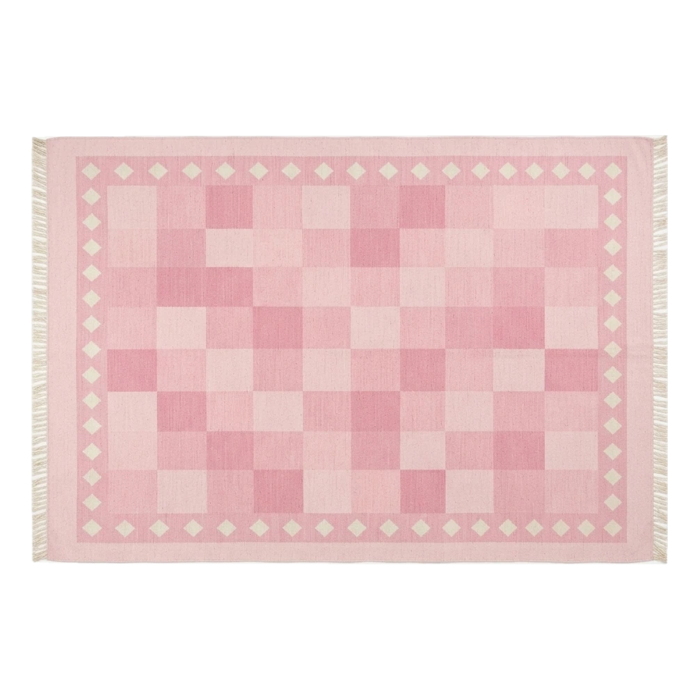 Blush Pink Checkerboard Cotton Flat Weave Rug with Ivory Diamond Border - alternate view