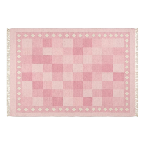Blush Pink Checkerboard Cotton Flat Weave Rug with Ivory Diamond Border - alternate view