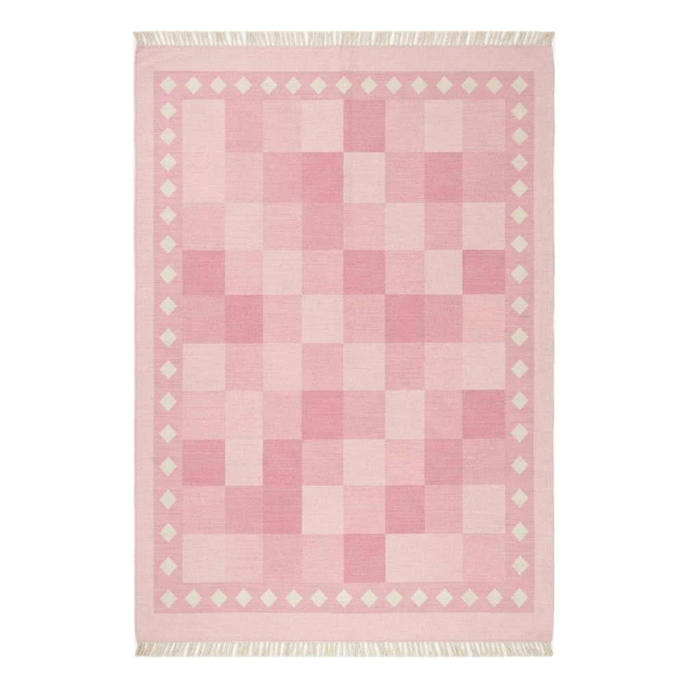 Blush Pink Checkerboard Cotton Flat Weave Rug with Ivory Diamond Border