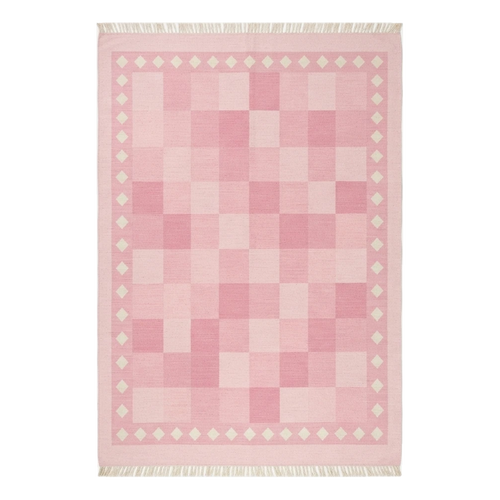Blush Pink Checkerboard Cotton Flat Weave Rug with Ivory Diamond Border