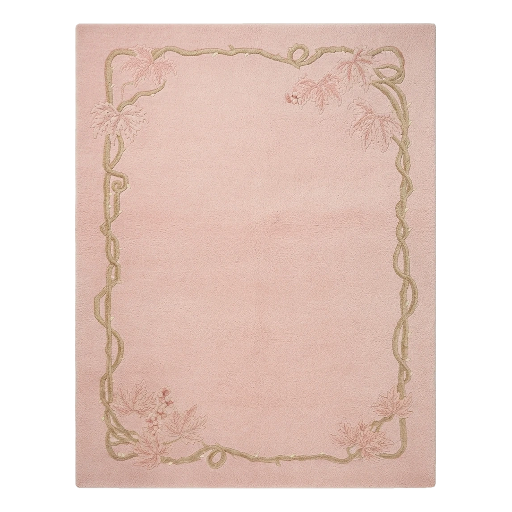 Blush Pink Chinese Art Deco Hand-Knotted Rug with Gold Ribbon Border