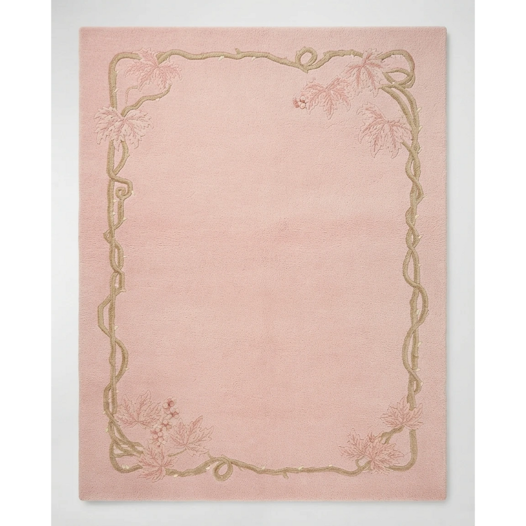 Blush Pink Chinese Art Deco Hand-Knotted Rug with Gold Ribbon Border - studio photo