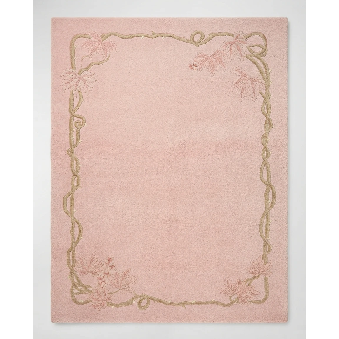 Blush Pink Chinese Art Deco Hand-Knotted Rug with Gold Ribbon Border - studio photo