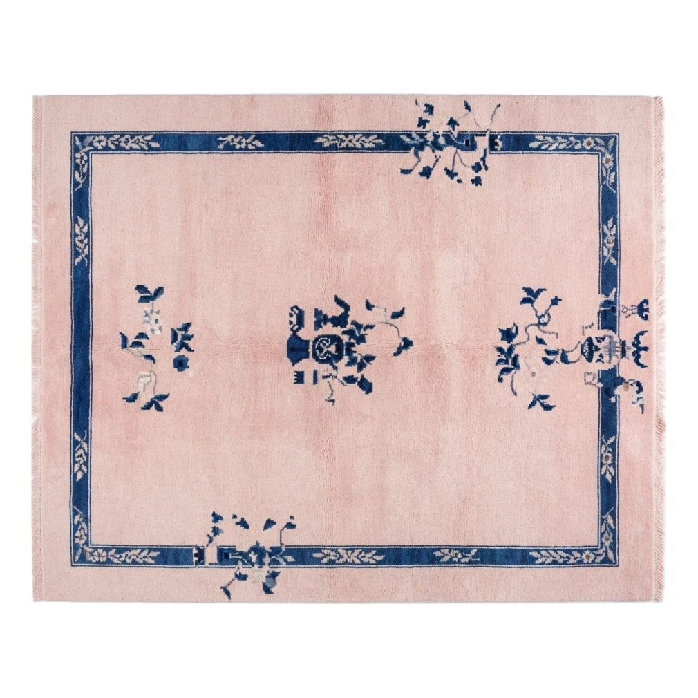 Blush Pink Chinese Art Deco Hand-Knotted Rug with Navy Border - alternate view