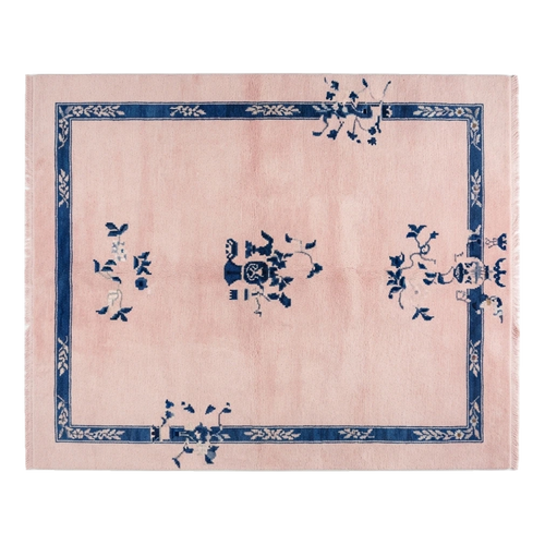 Blush Pink Chinese Art Deco Hand-Knotted Rug with Navy Border - alternate view
