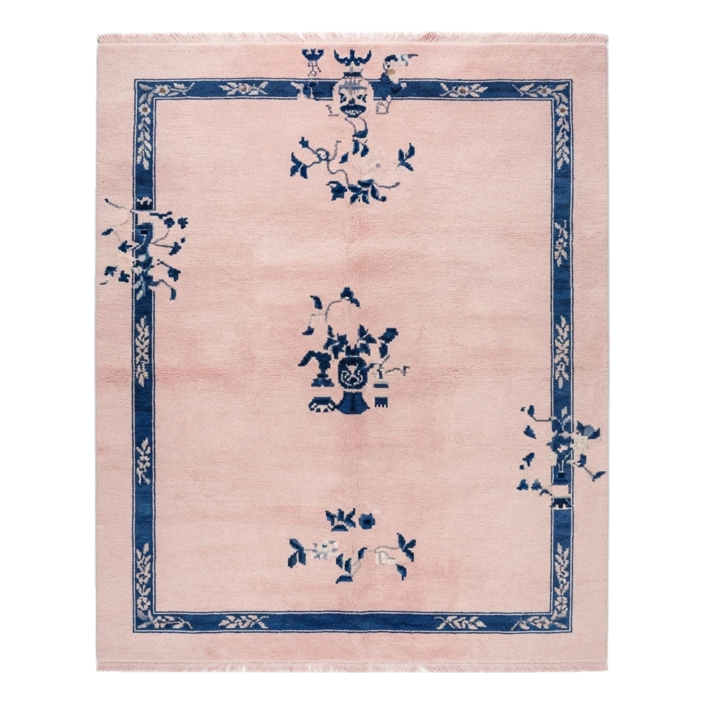 Blush Pink Chinese Art Deco Hand-Knotted Rug with Navy Border