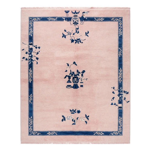 Blush Pink Chinese Art Deco Hand-Knotted Rug with Navy Border