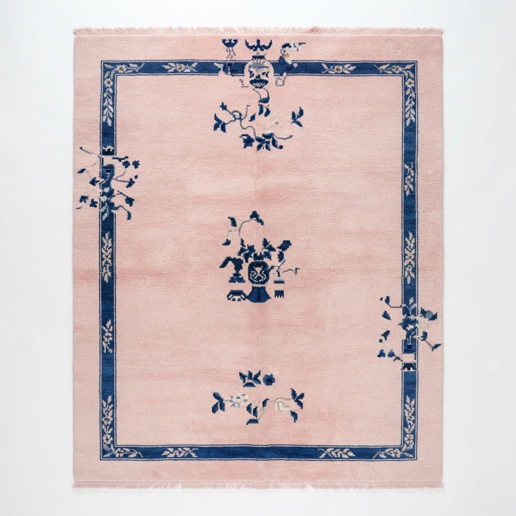 Blush Pink Chinese Art Deco Hand-Knotted Rug with Navy Border - studio photo