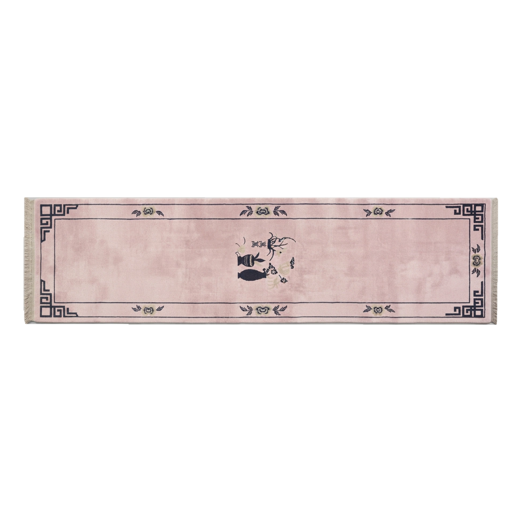 Blush Pink Chinese Art Deco Hand-Knotted Runner with Charcoal Vase - alternate view