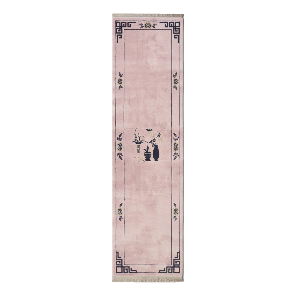 Blush Pink Chinese Art Deco Hand-Knotted Runner with Charcoal Vase